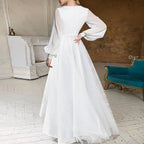 Ethereal A-line V-Neck Long Sleeve Ruffled White High-Low Prom Dress For Women