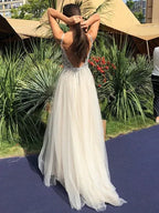 Ethereal A Line V Neck Beaded Sequins Backless Tulle Ivory Train Prom Dress