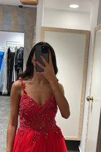 Ethereal Ballgown V-neck Sleeveless Beaded Red Floor-length Prom Dress for Women Custom