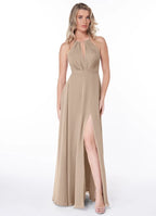 Ethereal Chiffon A-Line Halter Sleeveless Open-Back Bow Floor-Length Bridesmaid Dress with Slit