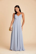 Ethereal Dusty Blue Chiffon Deep V-Neck Spaghetti-Strap Maxi Bridesmaid Dress with Flowy Skirt