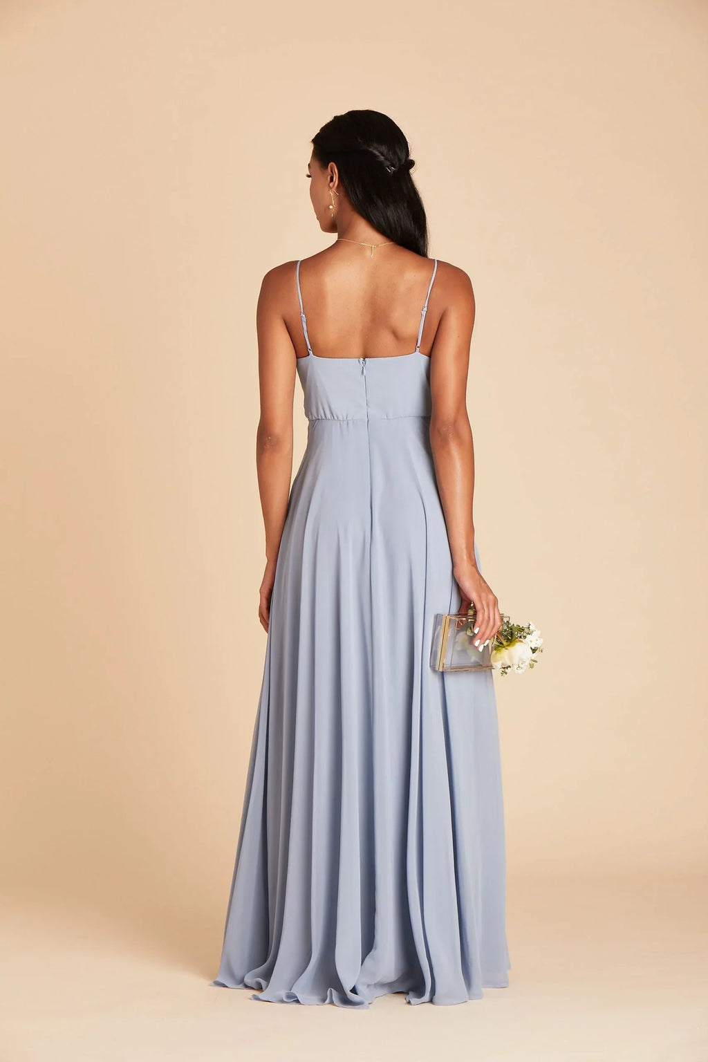 Ethereal Dusty Blue Chiffon Deep V-Neck Spaghetti-Strap Maxi Bridesmaid Dress with Flowy Skirt
