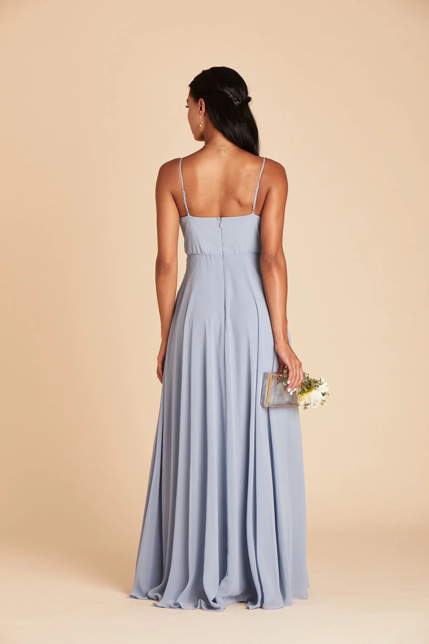 Ethereal Dusty Blue Chiffon Deep V-Neck Spaghetti-Strap Maxi Bridesmaid Dress with Flowy Skirt