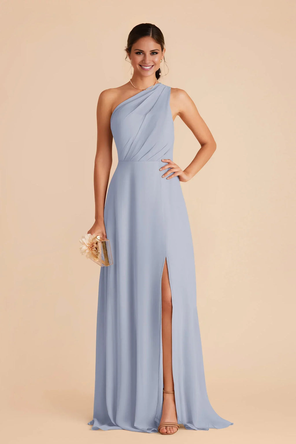 Ethereal Dusty Blue Chiffon One-Shoulder Maxi Bridesmaid Dress with Sheer Accent & High Side Slit