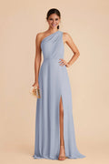 Ethereal Dusty Blue Chiffon One-Shoulder Maxi Bridesmaid Dress with Sheer Accent & High Side Slit