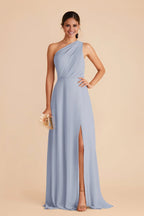 Ethereal Dusty Blue Chiffon One-Shoulder Maxi Bridesmaid Dress with Sheer Accent & High Side Slit