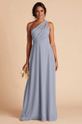Ethereal Dusty Blue Chiffon One-Shoulder Maxi Bridesmaid Dress with Sheer Panel & Ruched Bodice