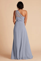 Ethereal Dusty Blue Chiffon One-Shoulder Maxi Bridesmaid Dress with Sheer Panel & Ruched Bodice