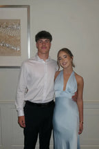 Light Blue Halter Neck Satin Open-Back Floor-Length Prom Dress