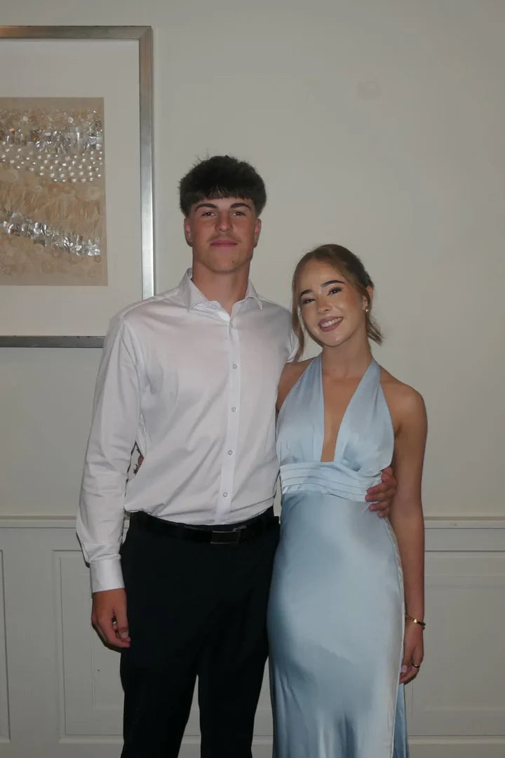 Light Blue Halter Neck Satin Open-Back Floor-Length Prom Dress