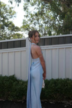 Light Blue Halter Neck Satin Open-Back Floor-Length Prom Dress