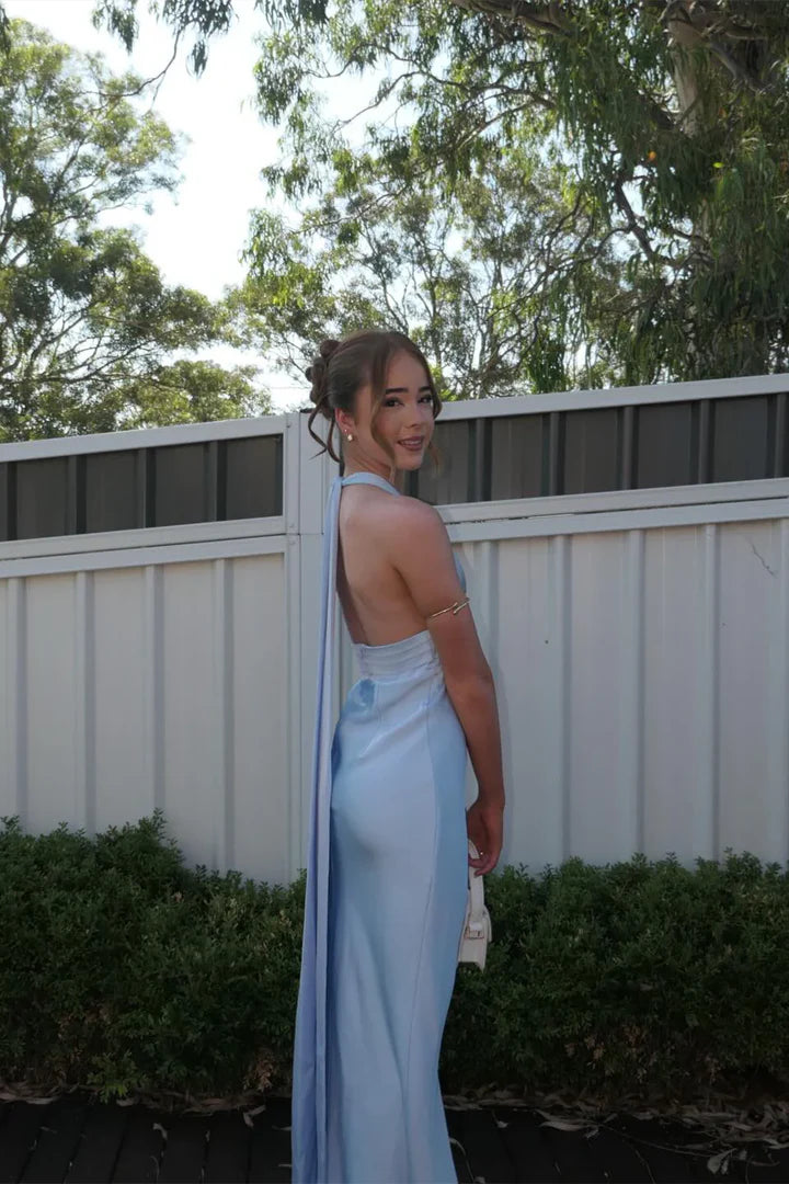 Light Blue Halter Neck Satin Open-Back Floor-Length Prom Dress