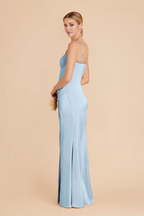 Ethereal Sheath Sky Blue Satin Spaghetti-Strap Ruched Floor-Length Bridesmaid Dress