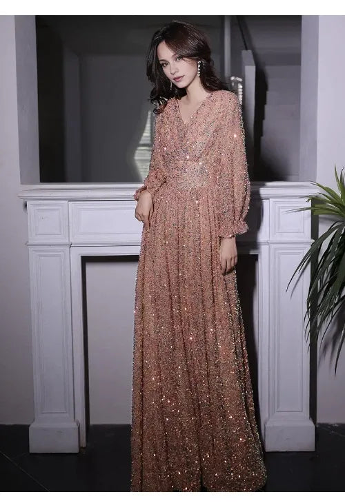 Evening Dresses Elegant V-Neck A-Line Floor-Length Sparkly Gowns Dress Hot Sale Long Evening Dresses Cocktail Dresses