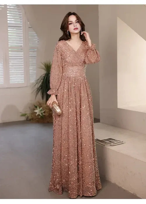 Evening Dresses Elegant V-Neck A-Line Floor-Length Sparkly Gowns Dress Hot Sale Long Evening Dresses Cocktail Dresses