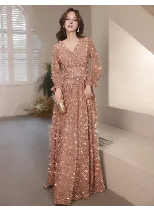 Evening Dresses Elegant V-Neck A-Line Floor-Length Sparkly Gowns Dress Hot Sale Long Evening Dresses Cocktail Dresses