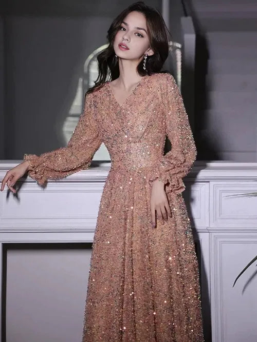 Evening Dresses Elegant V-Neck A-Line Floor-Length Sparkly Gowns Dress Hot Sale Long Evening Dresses Cocktail Dresses