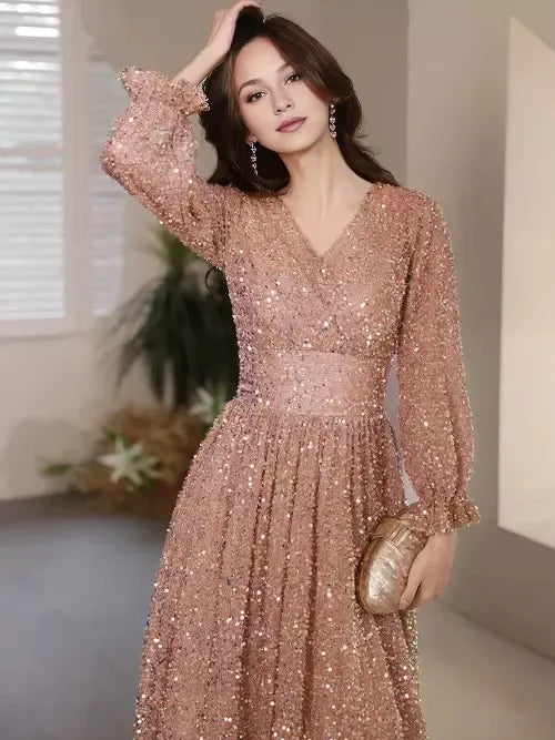 Evening Dresses Elegant V-Neck A-Line Floor-Length Sparkly Gowns Dress Hot Sale Long Evening Dresses Cocktail Dresses