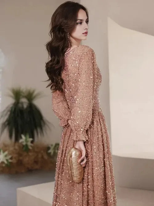 Evening Dresses Elegant V-Neck A-Line Floor-Length Sparkly Gowns Dress Hot Sale Long Evening Dresses Cocktail Dresses