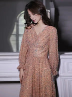 Evening Dresses Elegant V-Neck A-Line Floor-Length Sparkly Gowns Dress Hot Sale Long Evening Dresses Cocktail Dresses