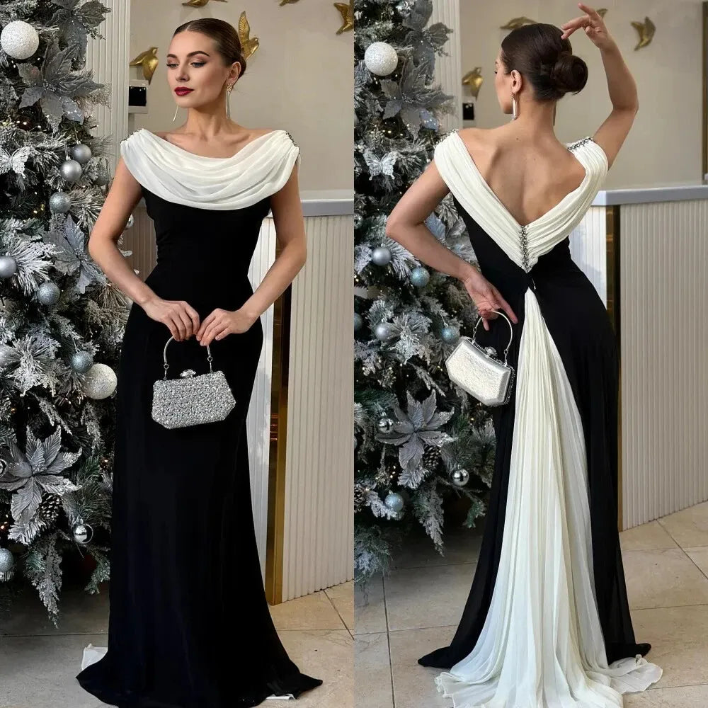 Black and White Evening Dresses O-Neck Sleeveless V Back Cocktail Party Gowns Floor-Length Off the Shoulder Evening Dresses