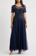 Exquisite A Line Crew Neck Short Sleeve Embroidered Back Floor Length Evening Dress