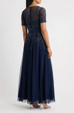 Exquisite A Line Crew Neck Short Sleeve Embroidered Back Floor Length Evening Dress