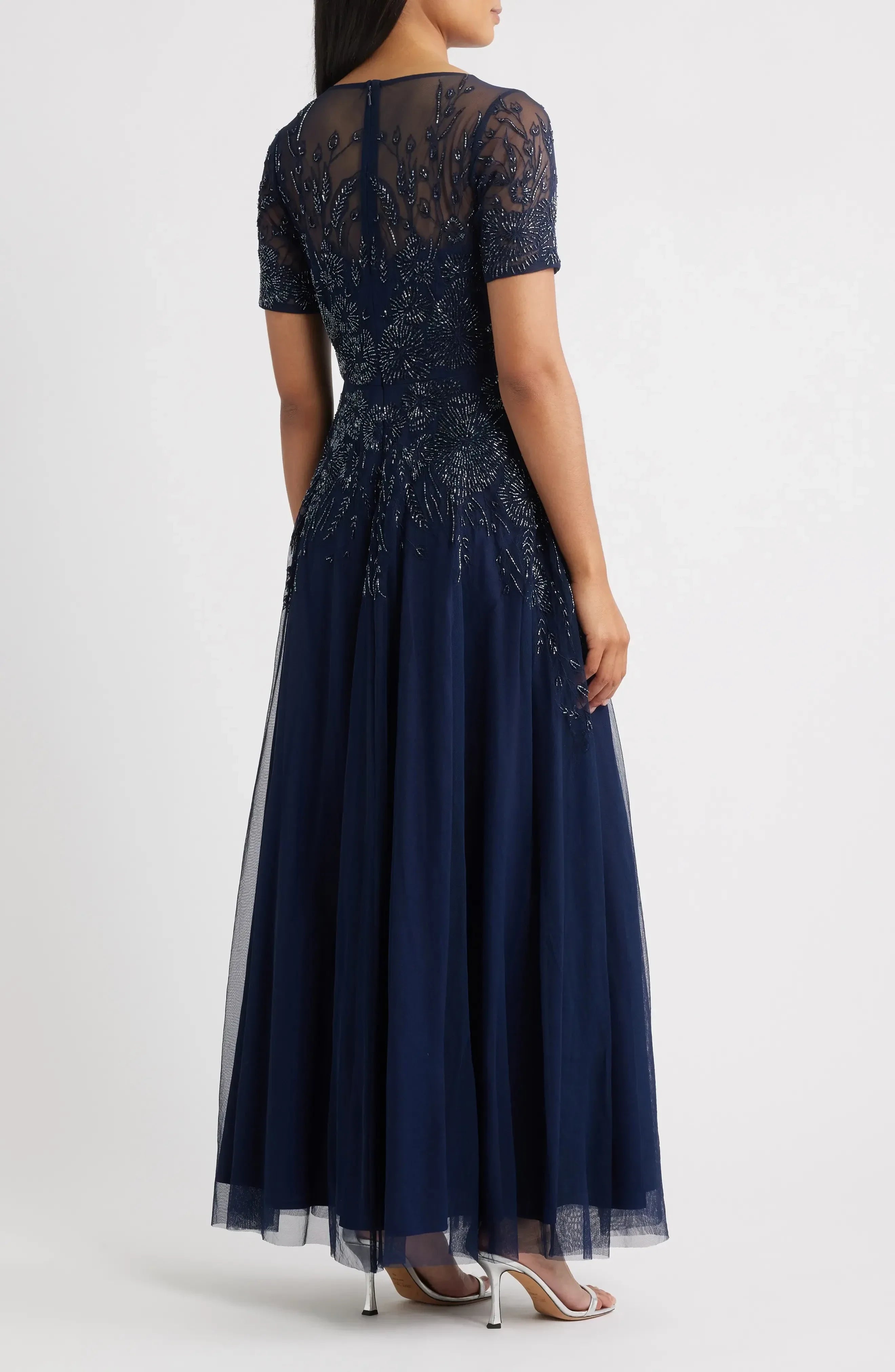 Exquisite A Line Crew Neck Short Sleeve Embroidered Back Floor Length Evening Dress