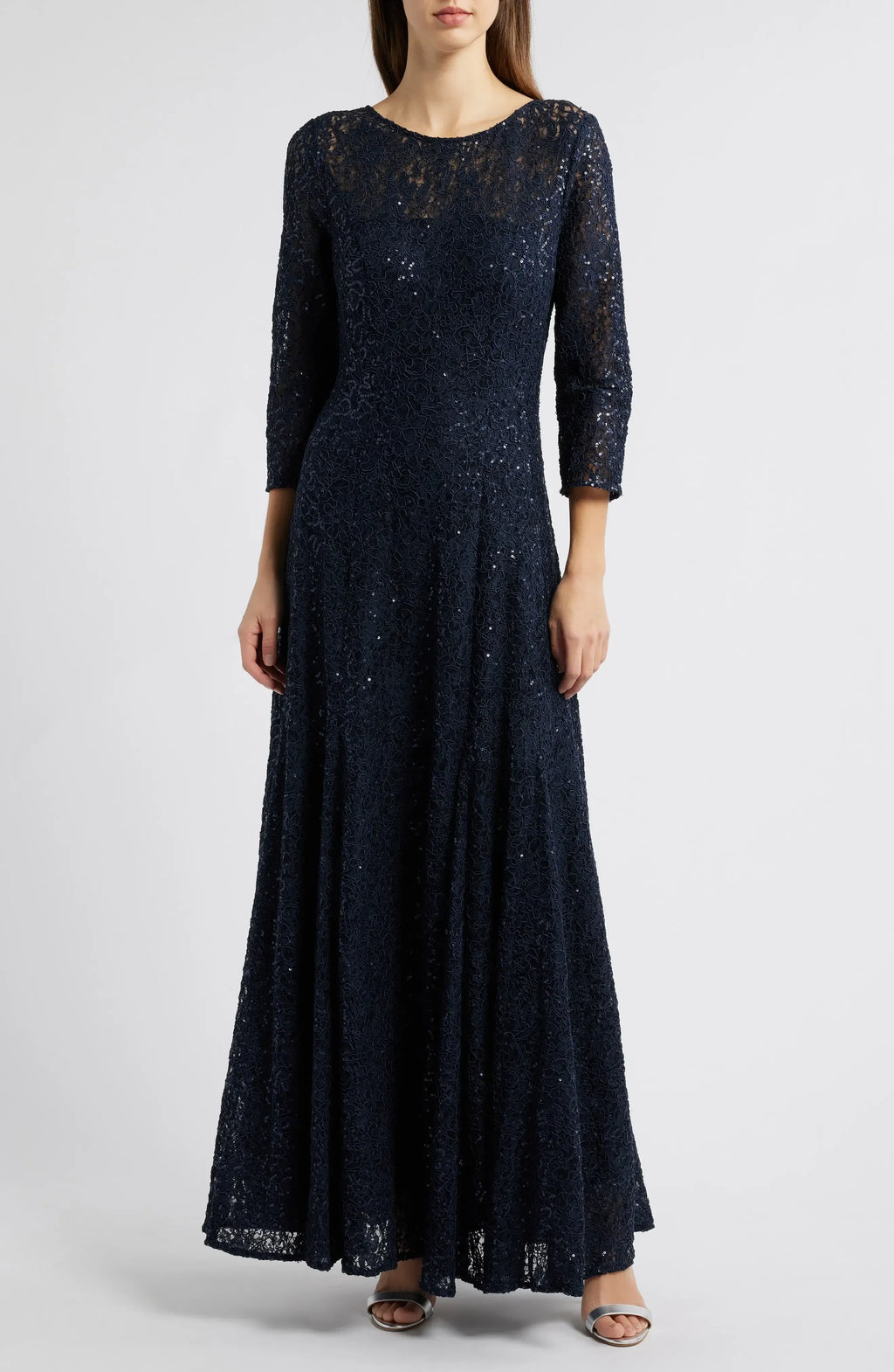 Exquisite A Line Crew Neck Three Quarter Sleeve Zipper Back Floor Length Evening Dress