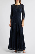 Exquisite A Line Crew Neck Three Quarter Sleeve Zipper Back Floor Length Evening Dress