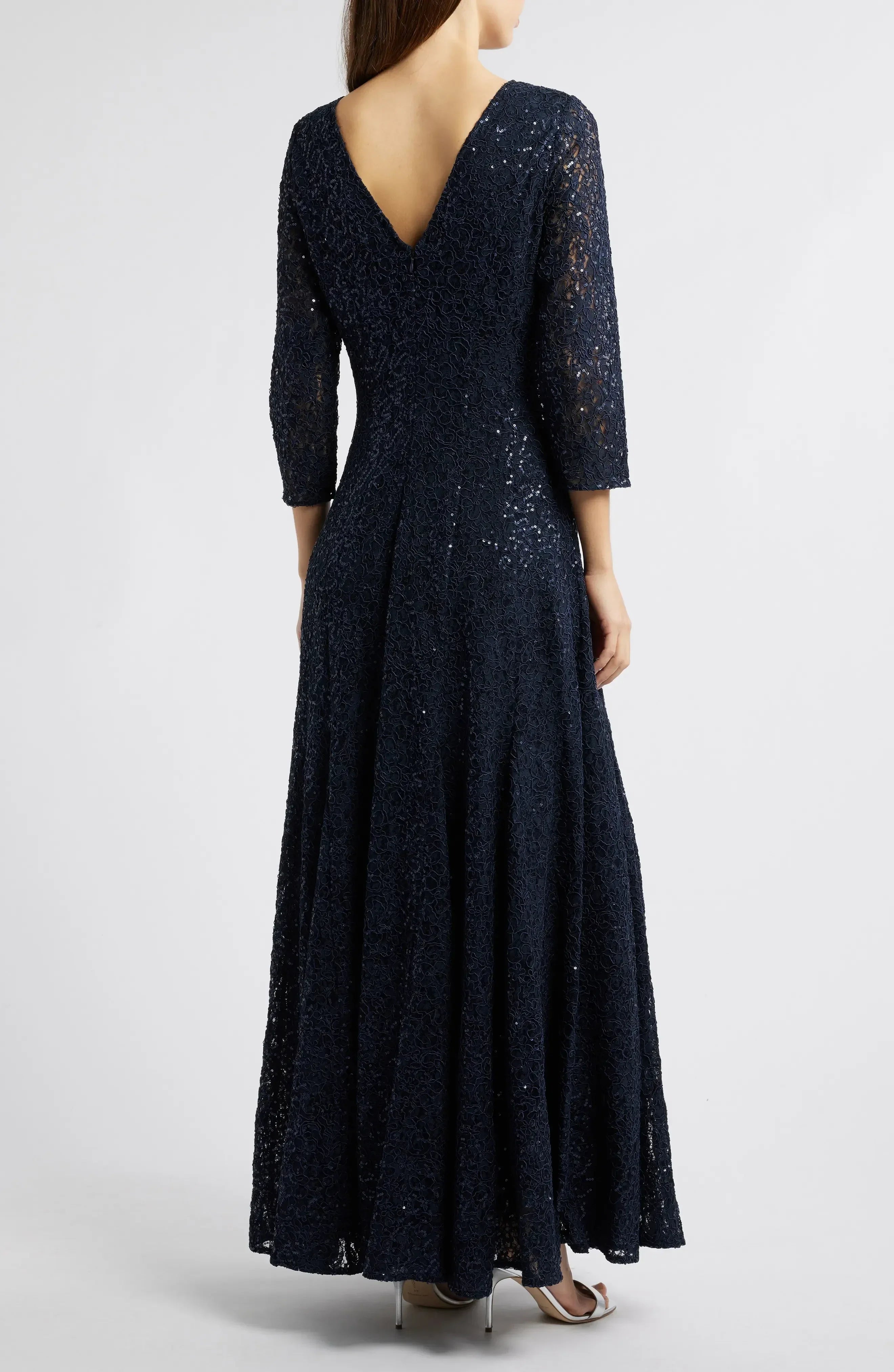 Exquisite A Line Crew Neck Three Quarter Sleeve Zipper Back Floor Length Evening Dress