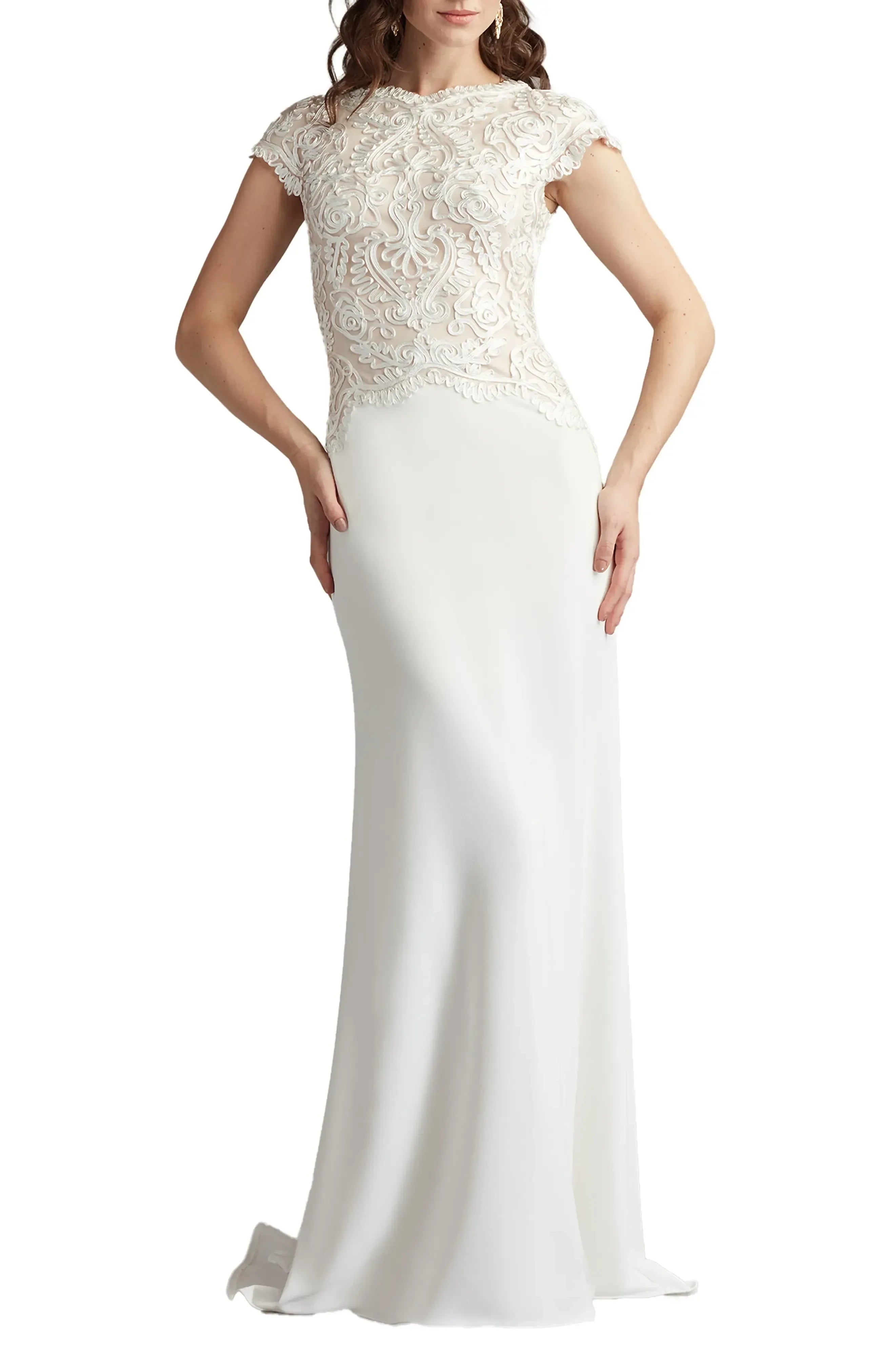 Exquisite Sheath Crew Neck Cap Sleeve Zipper Back Floor Length Evening Dress