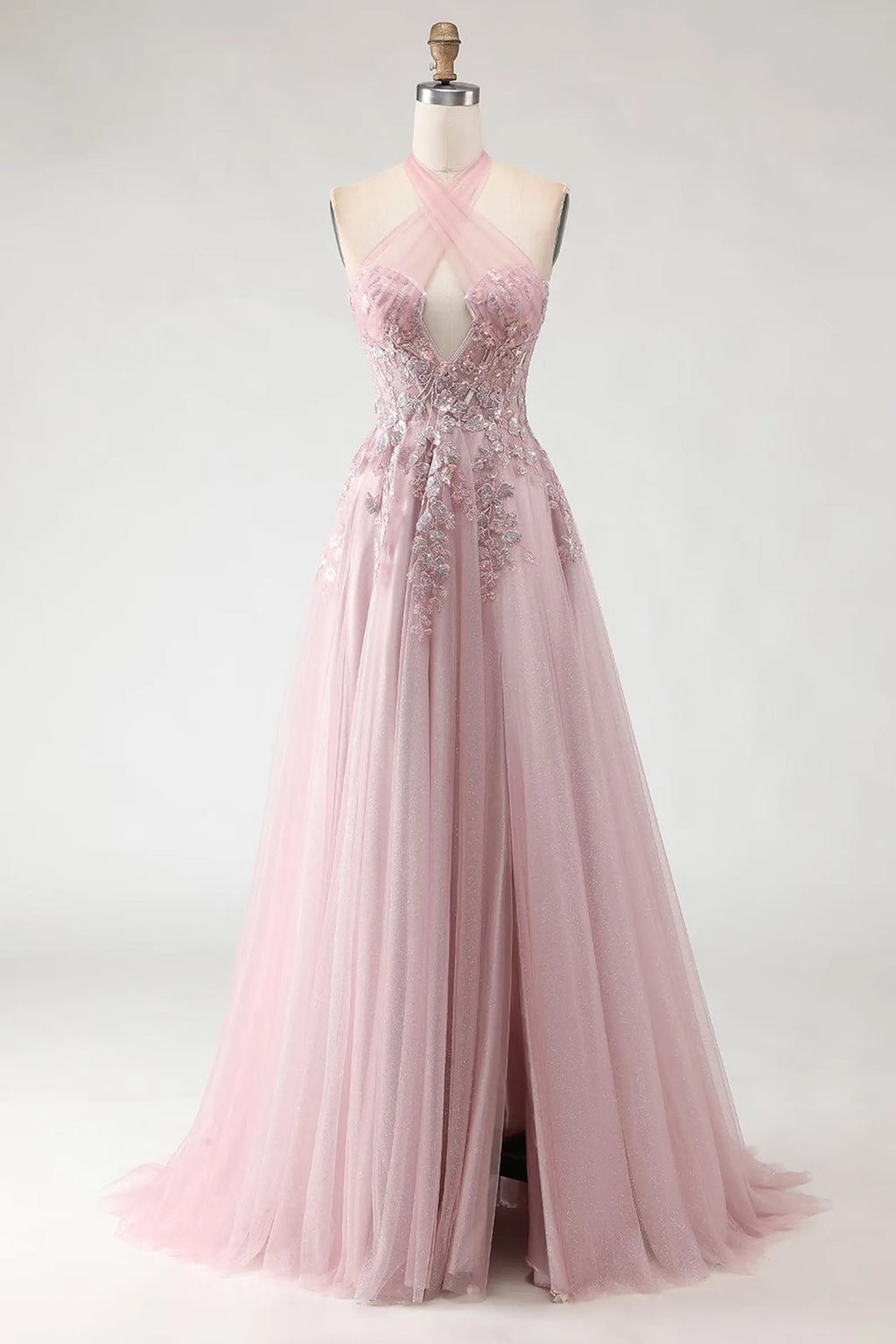 Exquisite A-Line Halter Neck Sleeveless Backless Floor-Length Prom Dress