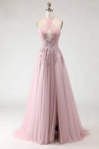 Exquisite A-Line Halter Neck Sleeveless Backless Floor-Length Prom Dress