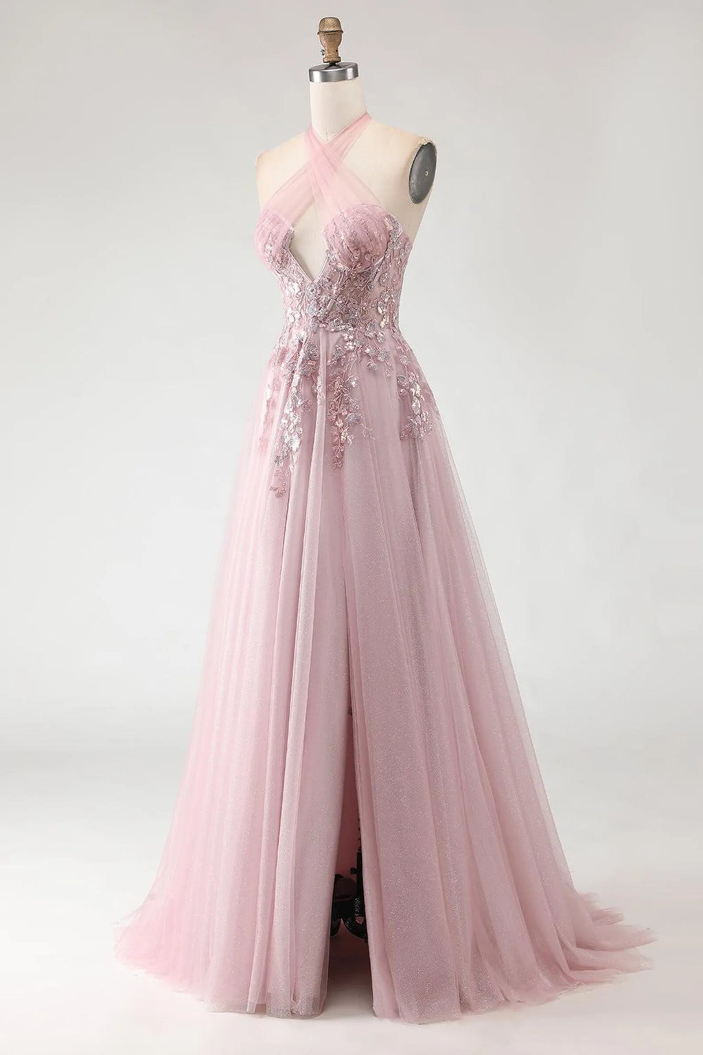Exquisite A-Line Halter Neck Sleeveless Backless Floor-Length Prom Dress