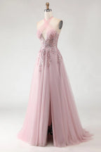 Exquisite A-Line Halter Neck Sleeveless Backless Floor-Length Prom Dress