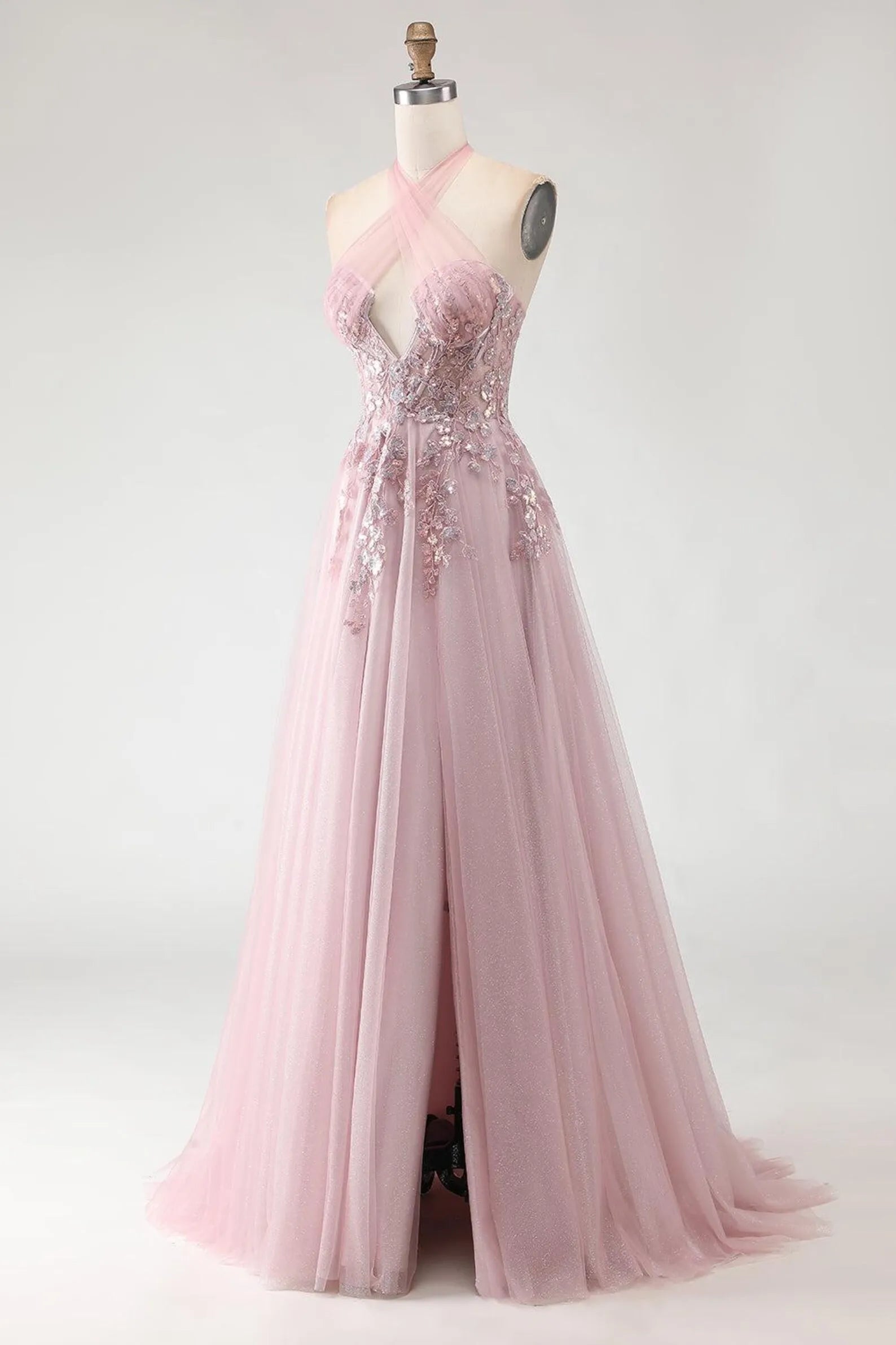 Exquisite A-Line Halter Neck Sleeveless Backless Floor-Length Prom Dress