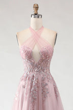 Exquisite A-Line Halter Neck Sleeveless Backless Floor-Length Prom Dress