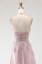 Exquisite A-Line Halter Neck Sleeveless Backless Floor-Length Prom Dress