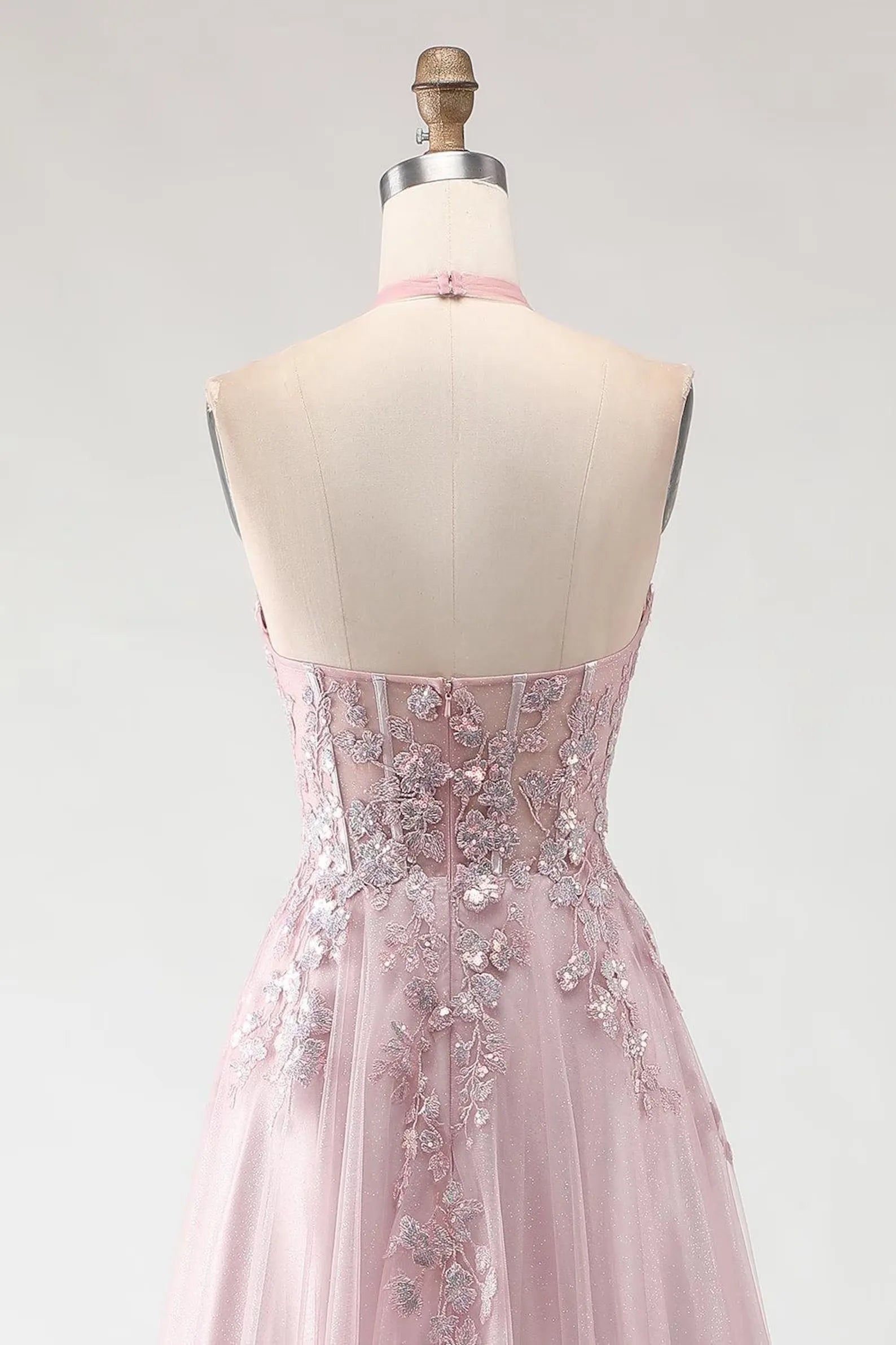 Exquisite A-Line Halter Neck Sleeveless Backless Floor-Length Prom Dress