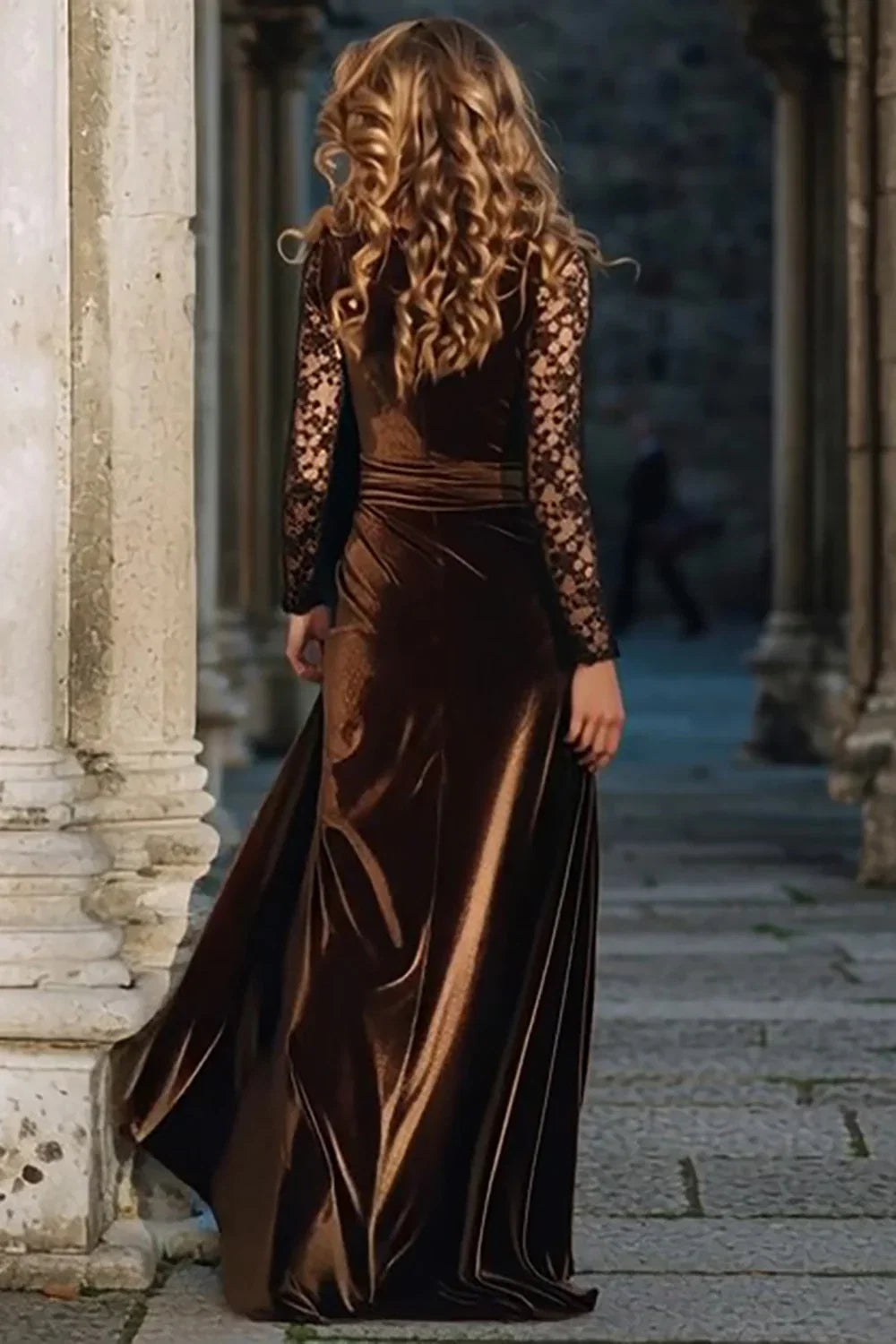 Exquisite A-Line V Neck Long Sleeve Floor-Length Prom Dress