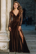 Exquisite A-Line V Neck Long Sleeve Floor-Length Prom Dress