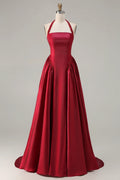 Exquisite A Line Halter Sleeveless Pleated Floor-Length Prom Dress
