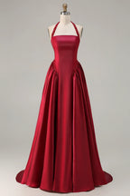 Exquisite A Line Halter Sleeveless Pleated Floor-Length Prom Dress