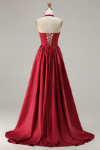 Exquisite A Line Halter Sleeveless Pleated Floor-Length Prom Dress