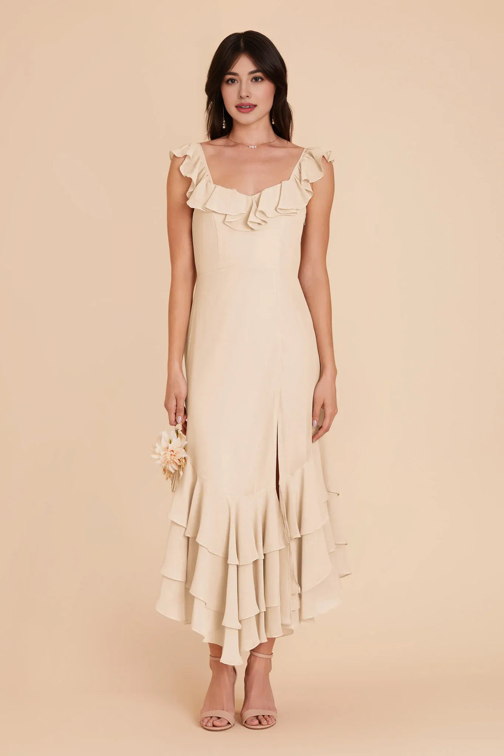 Exquisite Fitted Ruffle Neck Sleeveless Chiffon Maxi Bridesmaid Dress