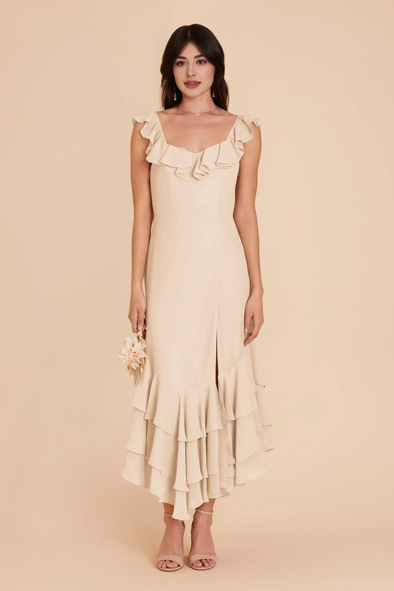 Exquisite Fitted Ruffle Neck Sleeveless Chiffon Maxi Bridesmaid Dress