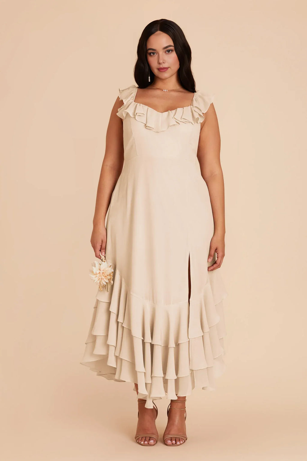 Exquisite Fitted Ruffle Neck Sleeveless Chiffon Maxi Bridesmaid Dress
