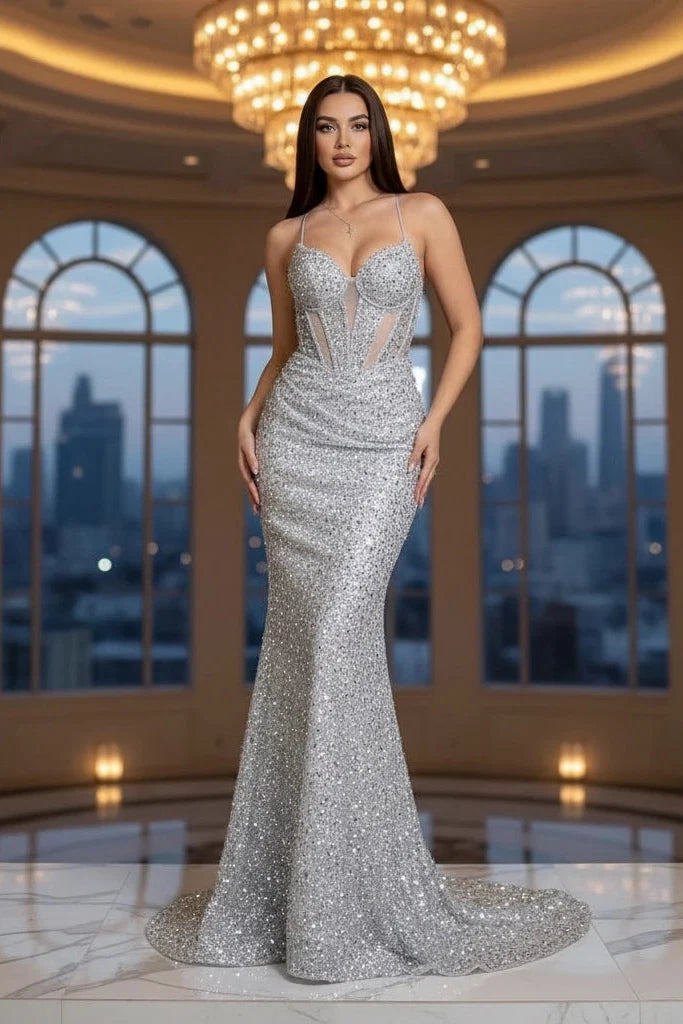 Exquisite Mermaid Off the Shoulder Sleeveless Sequins Pleated Sweep Train Evening Dress