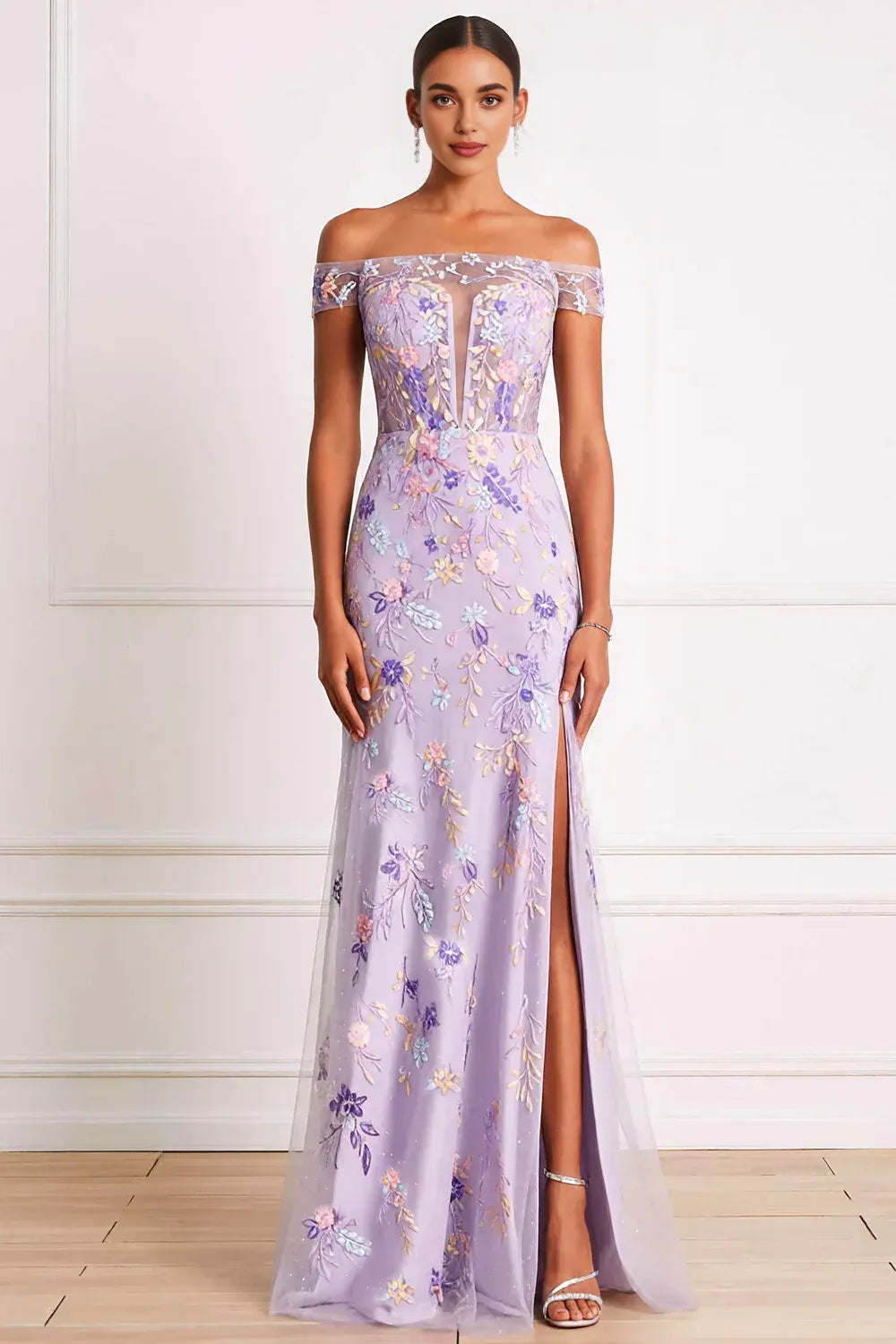 Exquisite Sheath Off the Shoulder Sleeveless Embroidered Floor-Length Prom Dress
